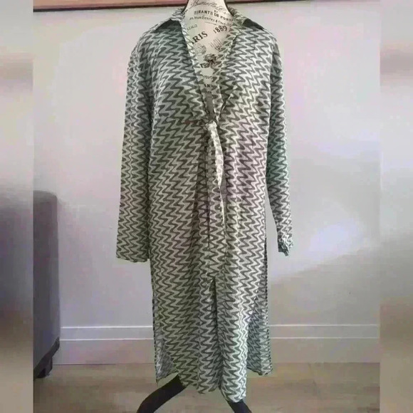 ZARA | Women's Green/Brown Cotton Zigzag Collard Tie Up Long  Sleeved Dr… - Picture 2 of 5